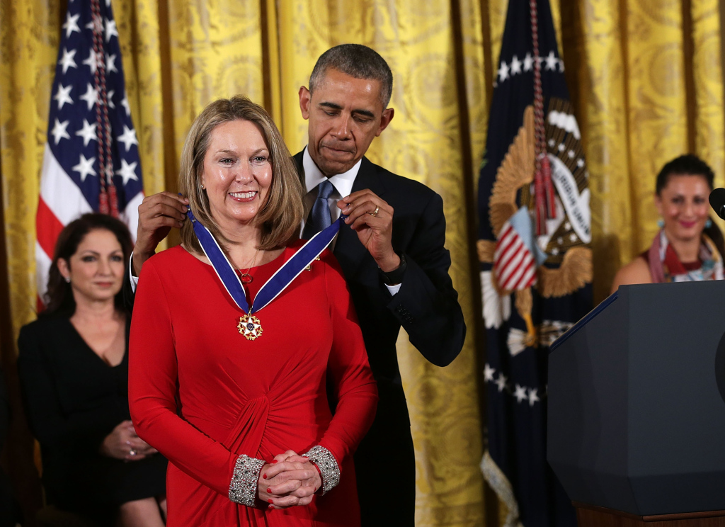 WASHINGTON, DC - NOVEMBER 24:  U.S. President Barack Obama presents the Presidential Medal of Freedom to Bonnie Carroll during an East Room ceremony November 24, 2015 at the White House in Washington, DC. Seventeen recipients were awarded with the nationÕs highest civilian honor.  (Photo by Alex Wong/Getty Images)