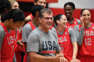 RIO DE JANEIRO, BRAZIL - AUGUST 15: Geno Auriemma of the USA Basketball Women's National Team smiles as he coaches his team at a practice during the Rio 2016 Olympic Games on August 15, 2016 at the Flamengo Club in Rio de Janerio, Brazil. NOTE TO USER: User expressly acknowledges and agrees that, by downloading and or using this photograph, user is consenting to the terms and conditions of Getty Images License Agreement. Mandatory Copyright Notice: Copyright 2016 NBAE (Photo by Garrett Ellwood/NBAE via Getty Images)